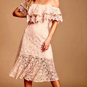 Jaclyn Blush Pink Lace Off-the-Shoulder Midi Dress